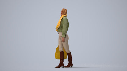 3D human model woman casual walking, photogrammetry scanned person for archviz, three-quarter view render