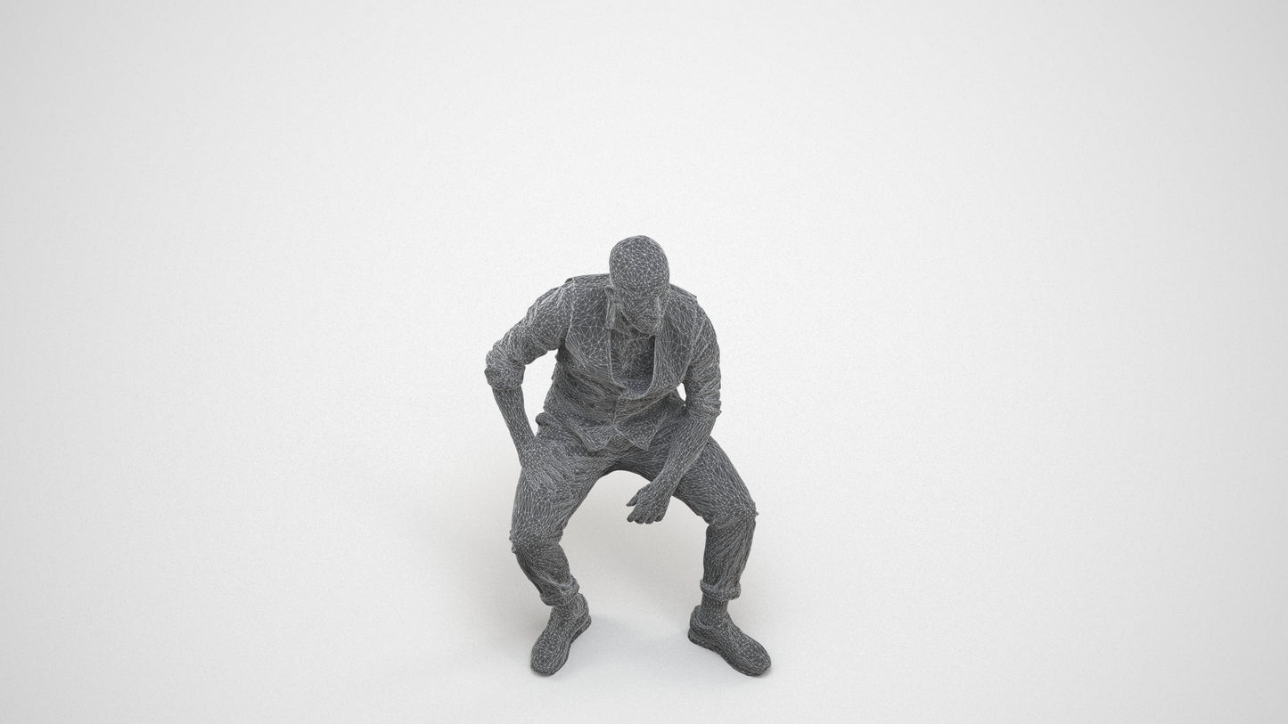 photogrammetry 3D man business sitting, realistic human model archviz FBX, wireframe three-quarter view