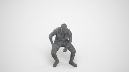 photogrammetry 3D man business sitting, realistic human model archviz FBX, wireframe three-quarter view