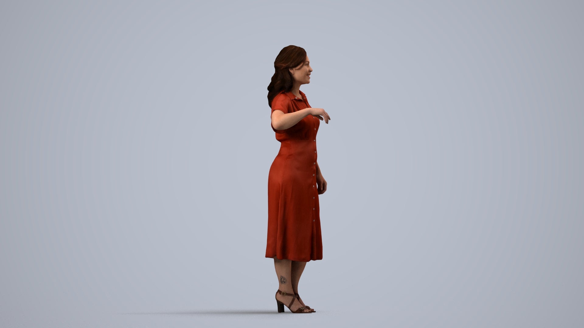 realistic 3D woman casual standing, scanned archviz people for Blender and 3ds Max, side view render