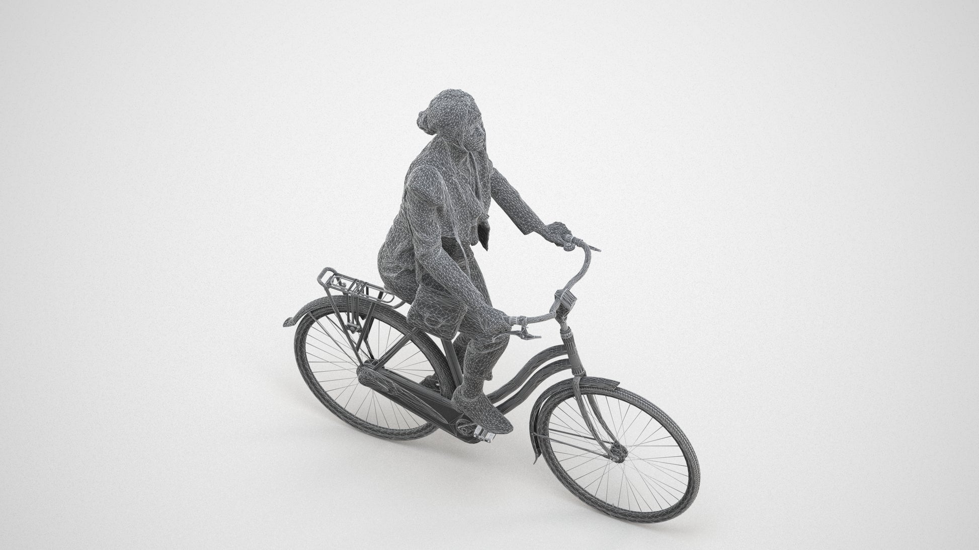 3D people model woman business cycling, scanned human for 3ds Max rendering, wireframe three-quarter view