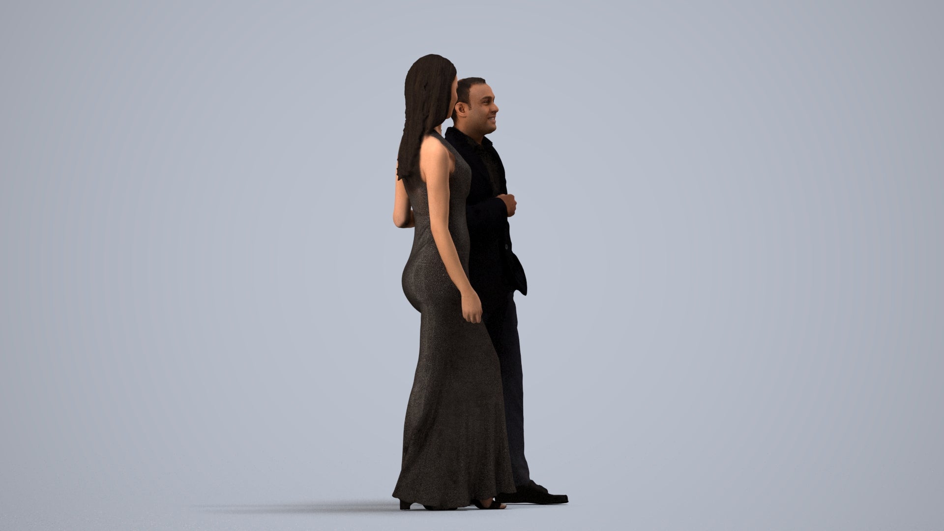 3D human model woman formal couple, photogrammetry scanned person for archviz, side view render