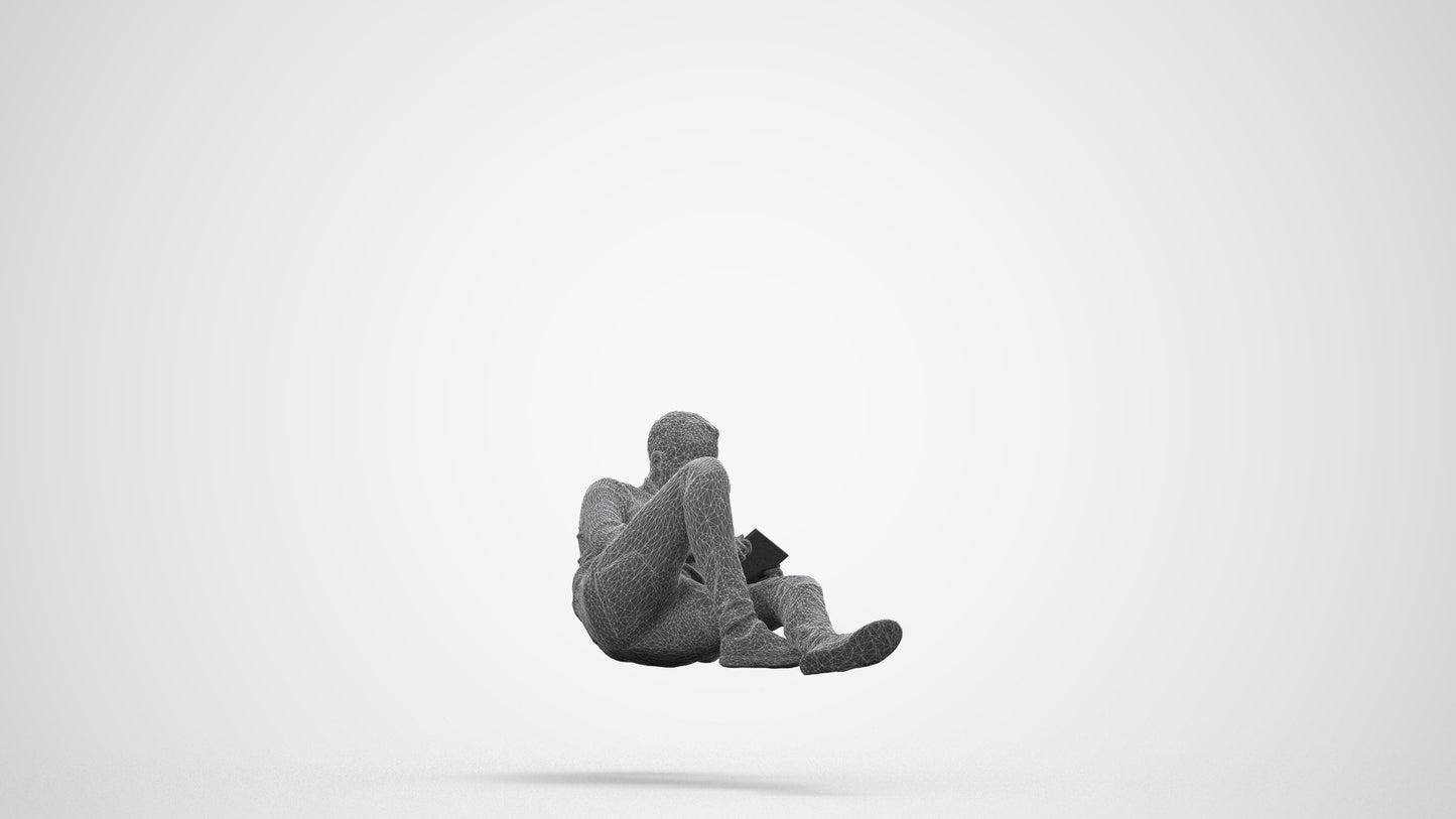 3D scanned man sitting casual, photorealistic archviz people for Enscape and SketchUp, wireframe side view