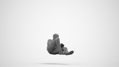 3D scanned man sitting casual, photorealistic archviz people for Enscape and SketchUp, wireframe side view
