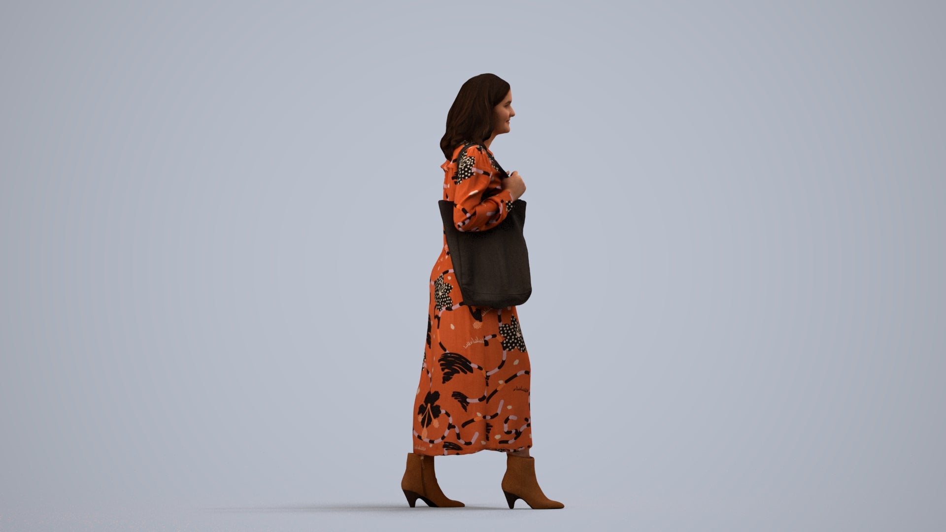 3D human model woman casual walking, photogrammetry scanned person for archviz, side view render