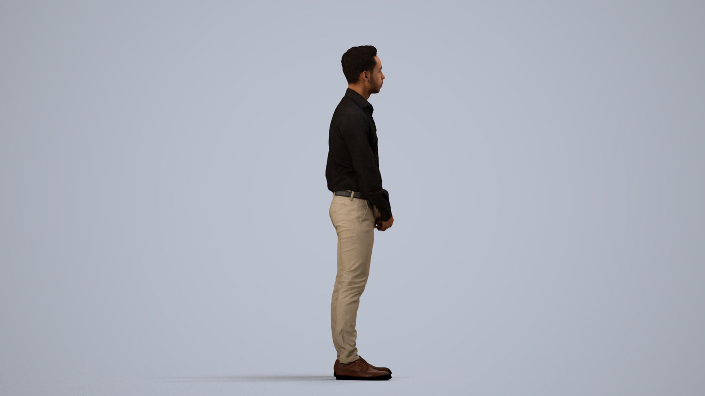 photogrammetry 3D man business standing, realistic human model archviz FBX, side view render