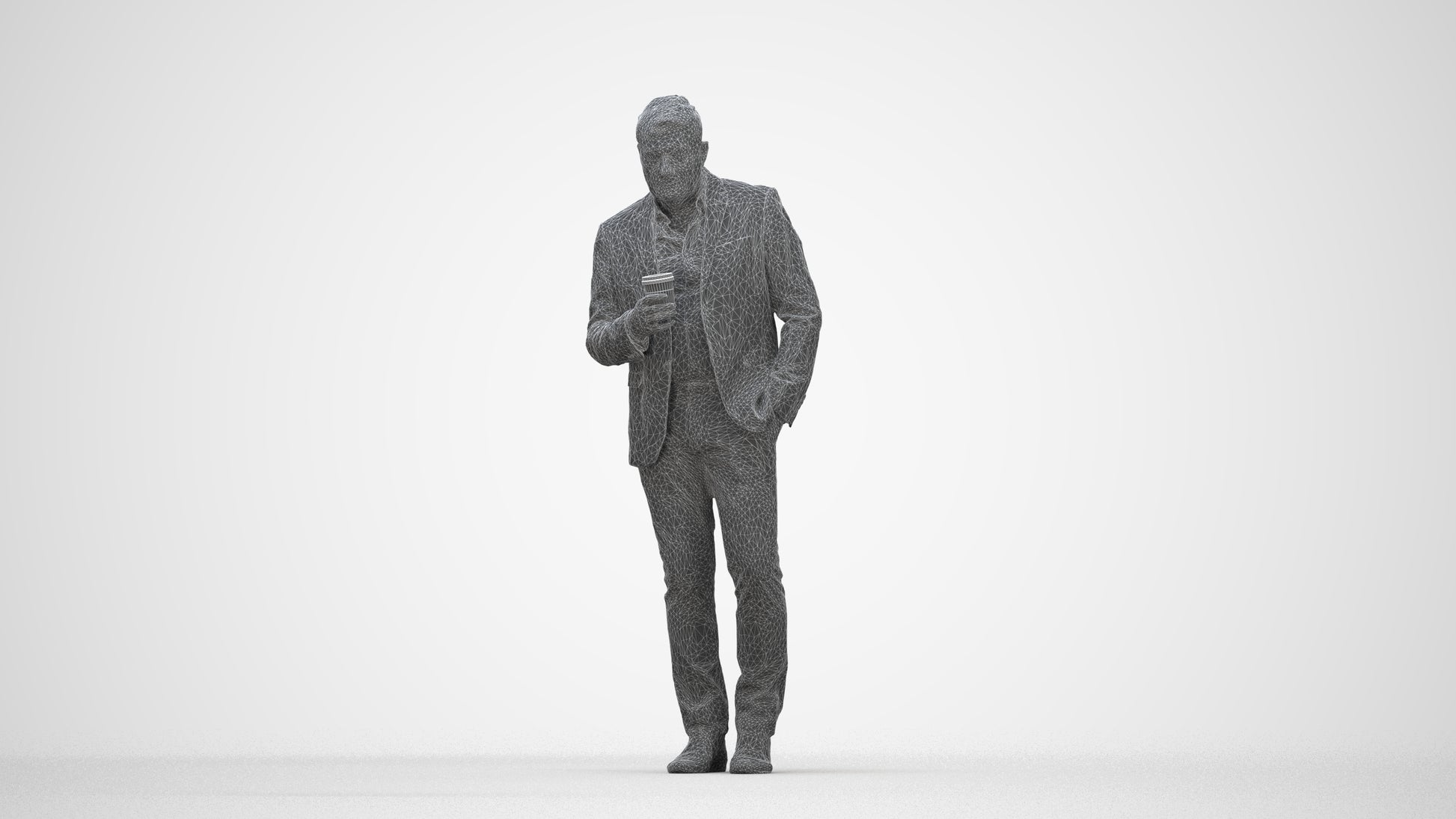 realistic 3D man business walking, scanned archviz people for Blender and 3ds Max, wireframe back view