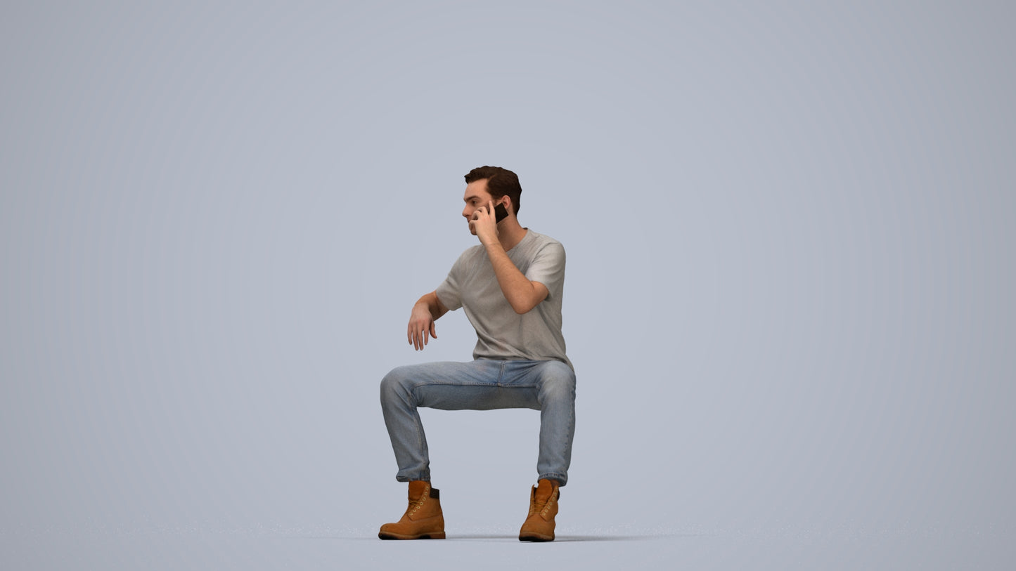3D people model man casual sitting, scanned human for 3ds Max rendering, top-down view render