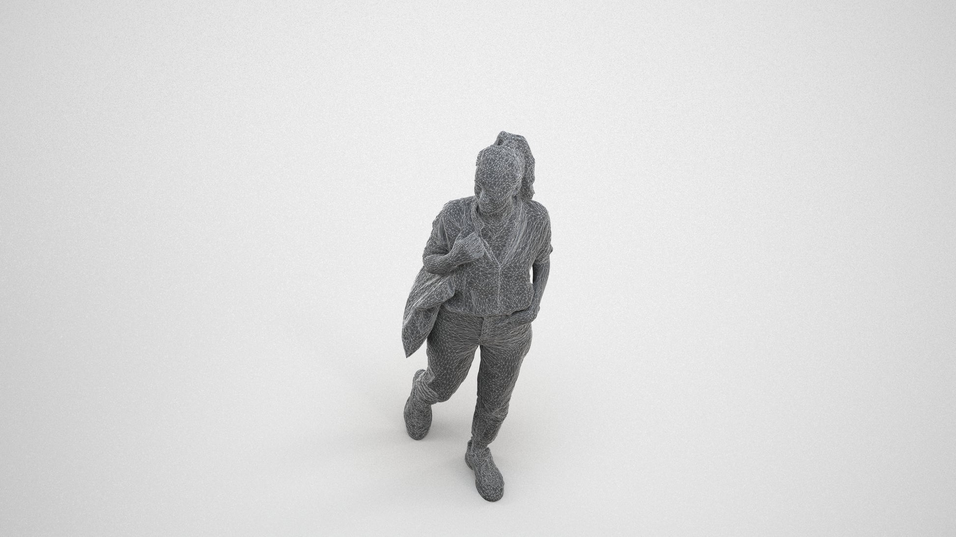 realistic 3D woman casual walking, scanned archviz people for Blender and 3ds Max, wireframe three-quarter view