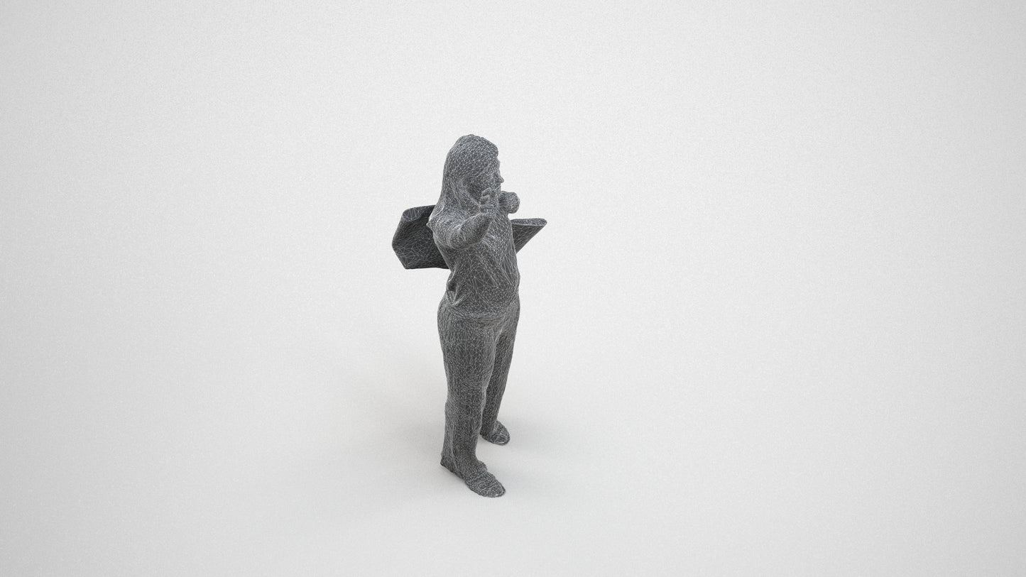 3D scanned woman standing casual, photorealistic archviz people for Enscape and SketchUp, wireframe three-quarter view