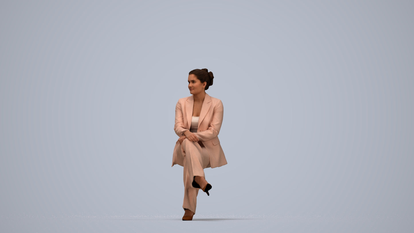 3D human model woman business sitting, photogrammetry scanned person for archviz, top-down view render