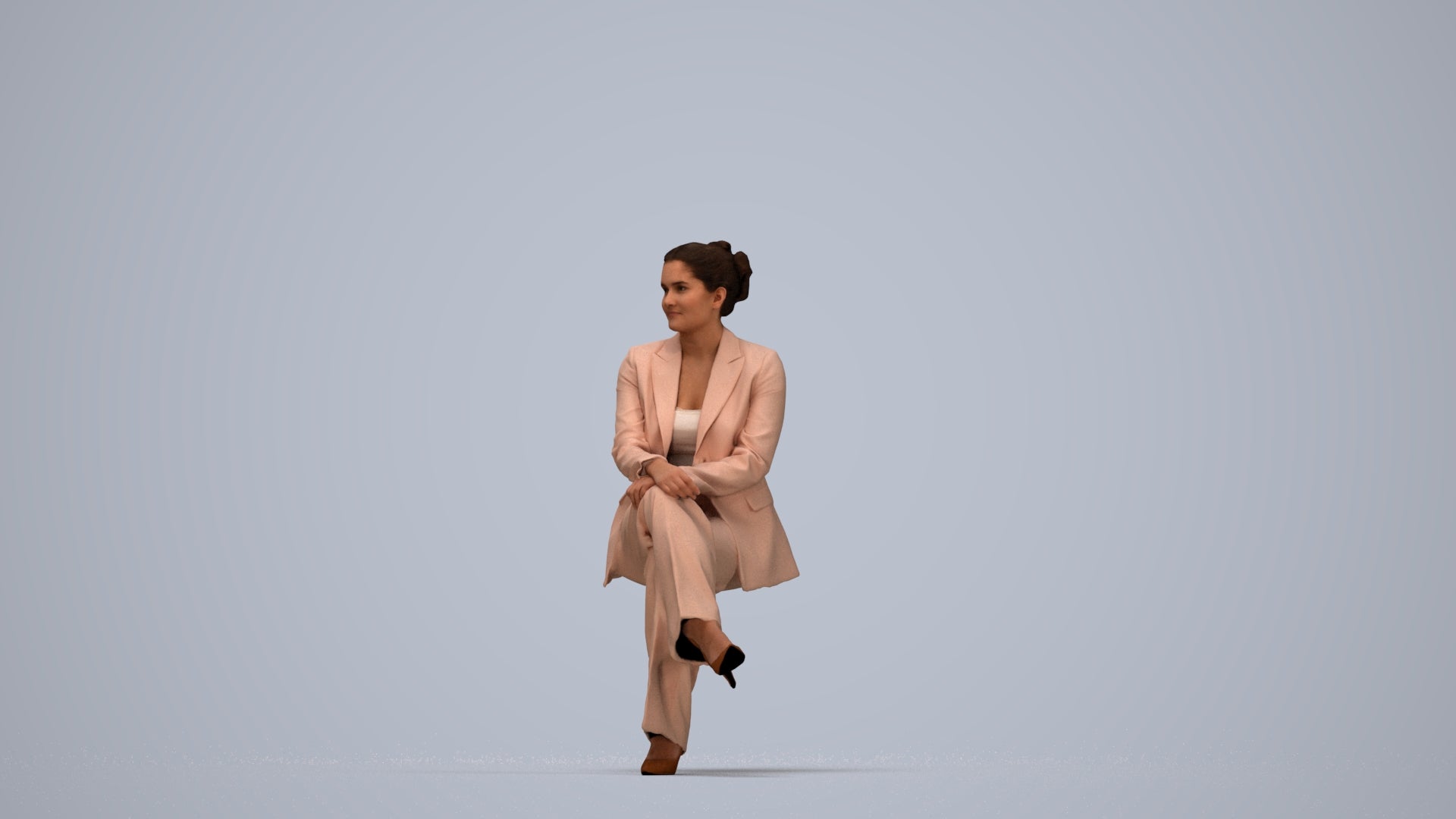 3D human model woman business sitting, photogrammetry scanned person for archviz, top-down view render