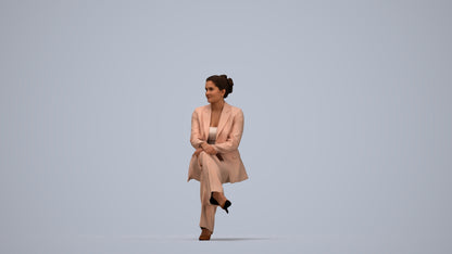 3D human model woman business sitting, photogrammetry scanned person for archviz, top-down view render