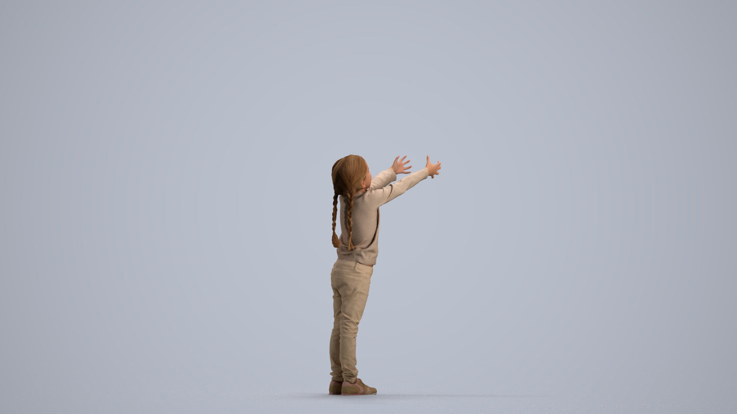 3D human model girl casual kids, photogrammetry scanned person for archviz, front view render