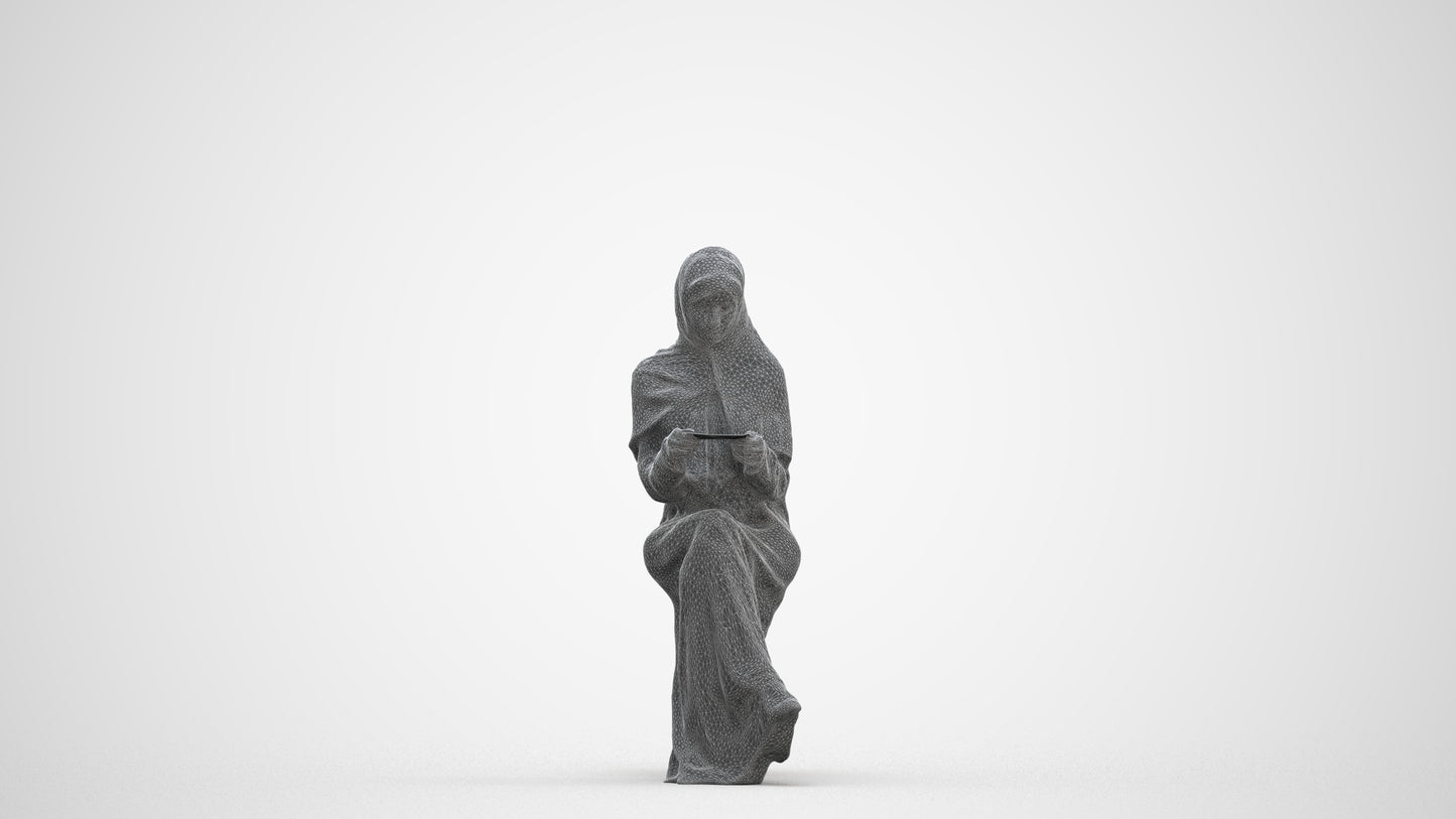 realistic 3D woman sitting, scanned archviz people for Blender and 3ds Max, three-quarter front view render