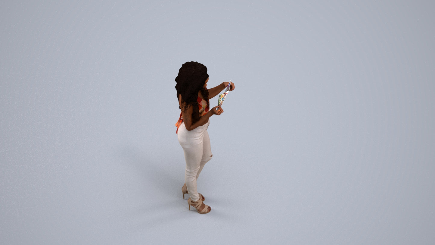3D human model woman casual standing, photogrammetry scanned person for archviz, back view render