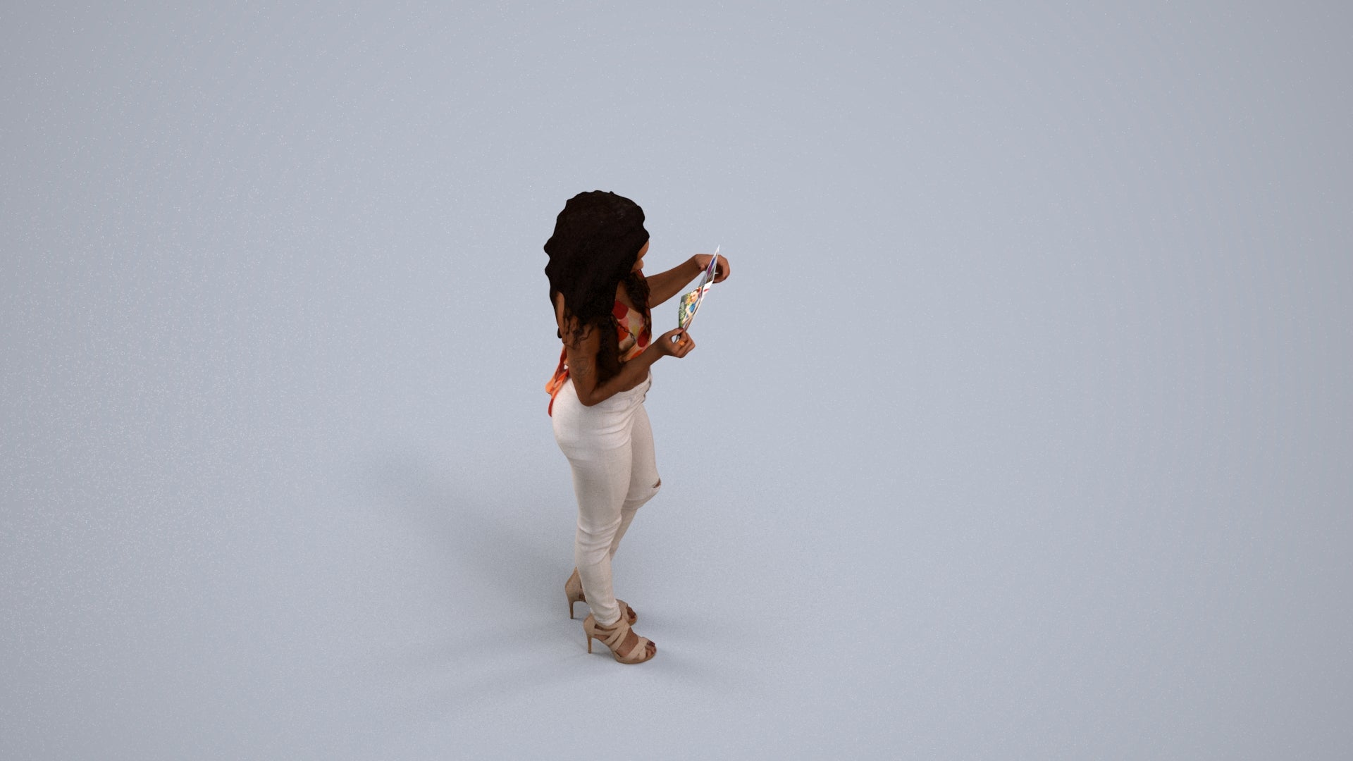 3D human model woman casual standing, photogrammetry scanned person for archviz, back view render