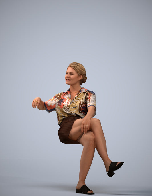 3D human model woman casual sitting, photogrammetry scanned person for archviz