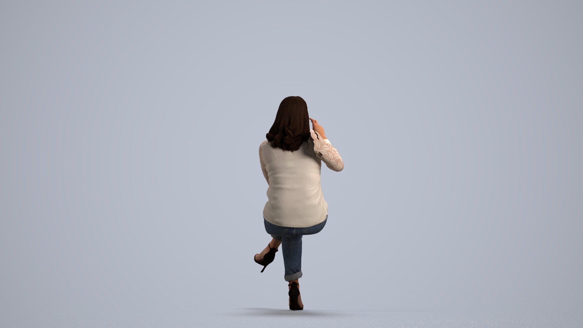 realistic 3D woman casual sitting, scanned archviz people for Blender and 3ds Max, front view render
