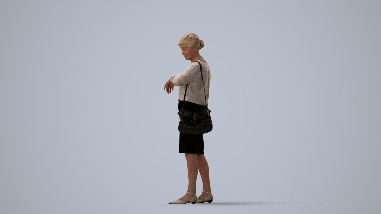 3D scanned senior woman standing business, photorealistic archviz people for Enscape and SketchUp, three-quarter view render