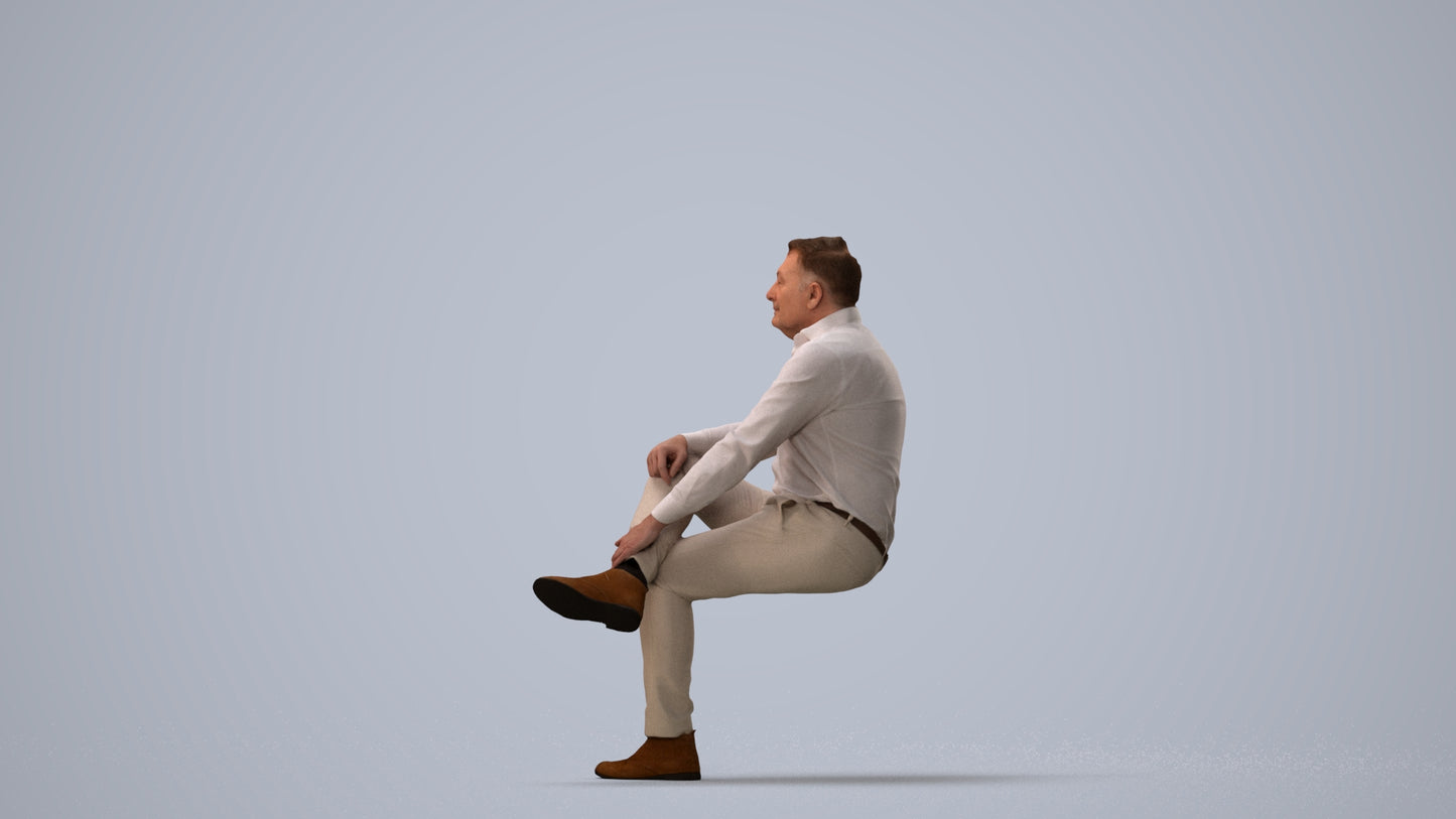 3D human model man casual sitting, photogrammetry scanned person for archviz, three-quarter view render
