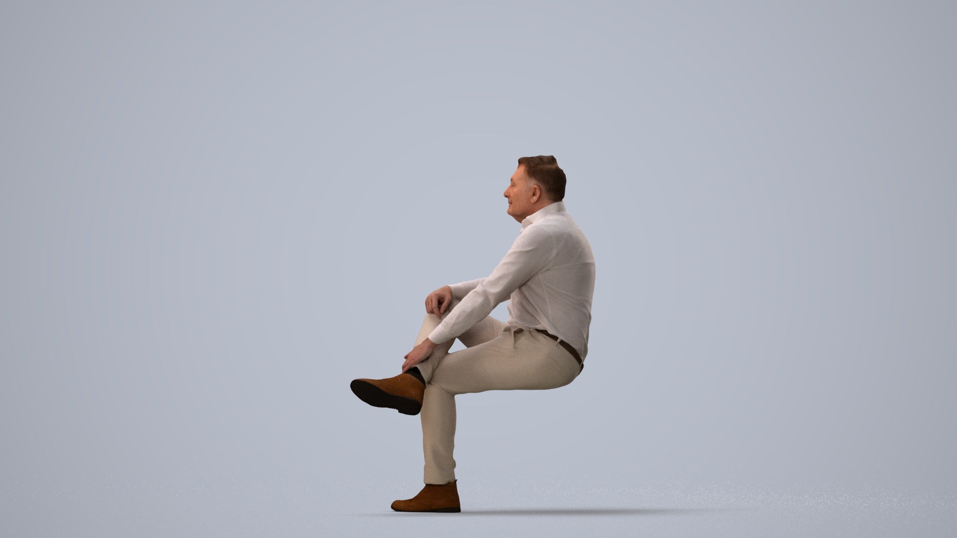 3D human model man casual sitting, photogrammetry scanned person for archviz, three-quarter view render