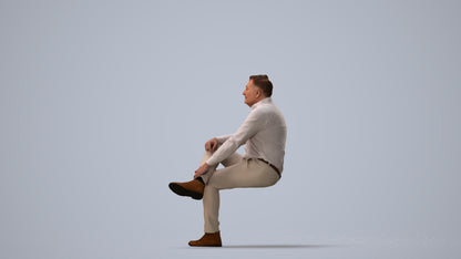 3D human model man casual sitting, photogrammetry scanned person for archviz, three-quarter view render