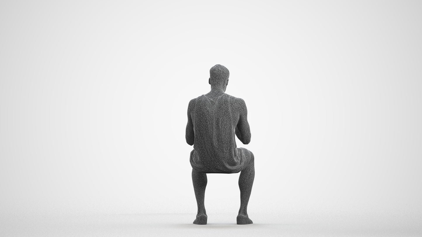 3D scanned man sitting casual, photorealistic archviz people for Enscape and SketchUp, wireframe front view