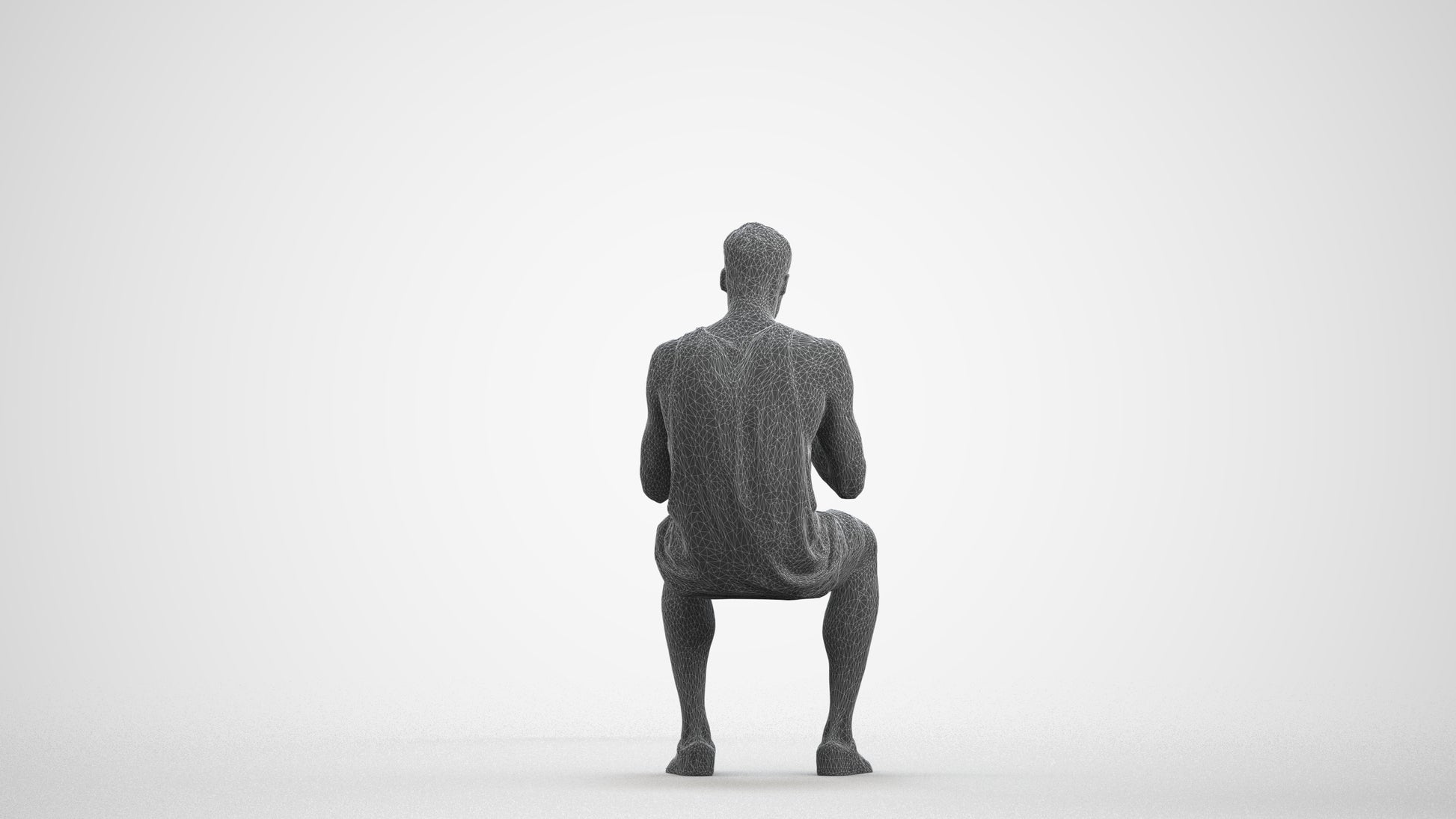 3D scanned man sitting casual, photorealistic archviz people for Enscape and SketchUp, wireframe front view