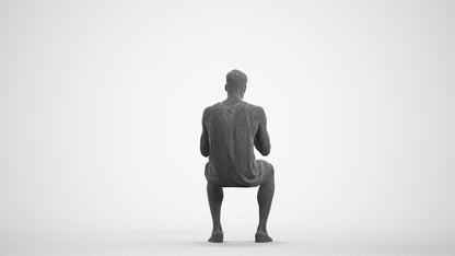 3D scanned man sitting casual, photorealistic archviz people for Enscape and SketchUp, wireframe front view