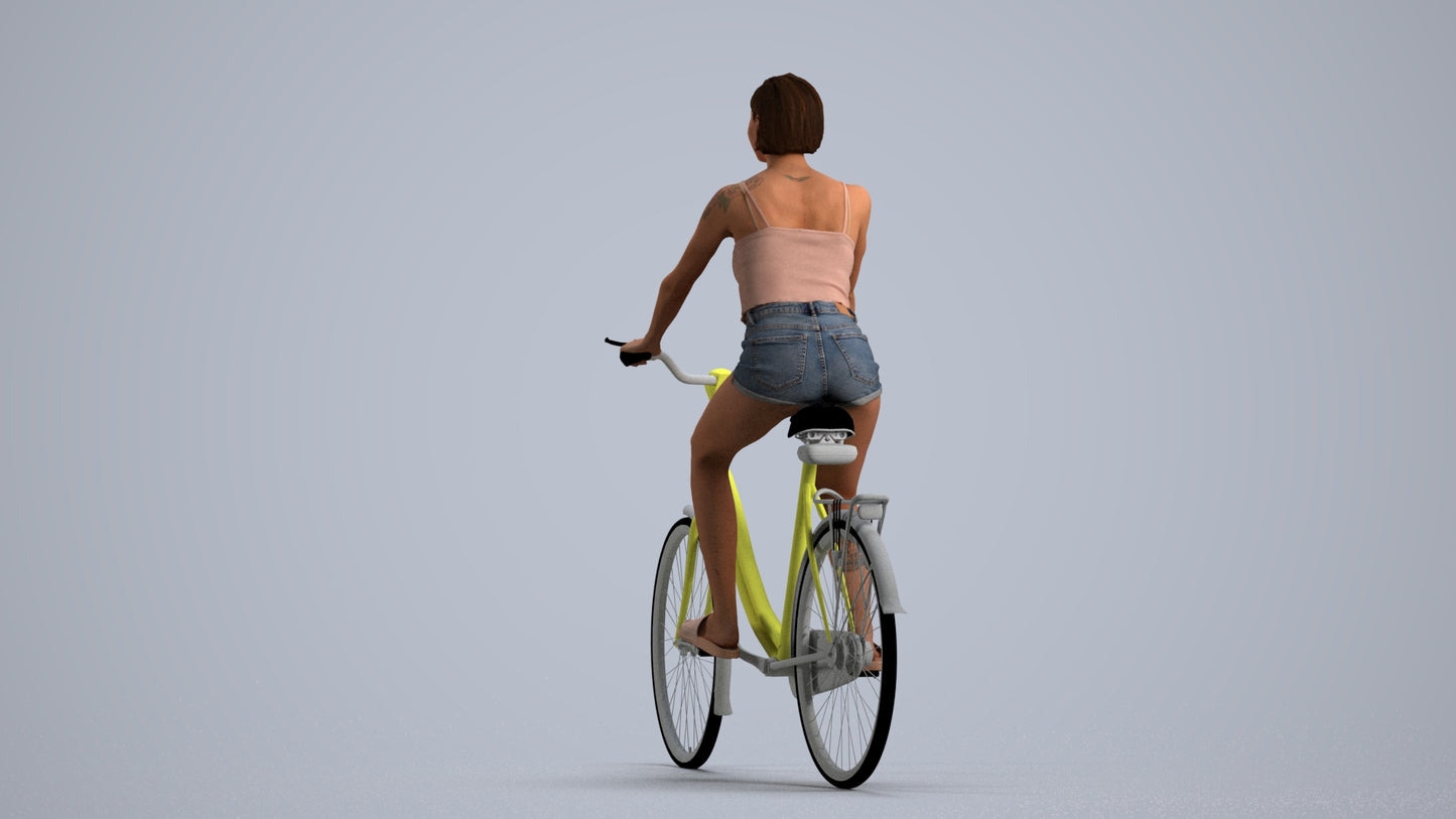 3D human model woman casual cycling, photogrammetry scanned person for archviz, front view render