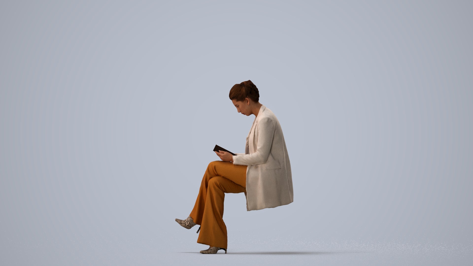 realistic 3D woman business sitting, scanned archviz people for Blender and 3ds Max, three-quarter view render