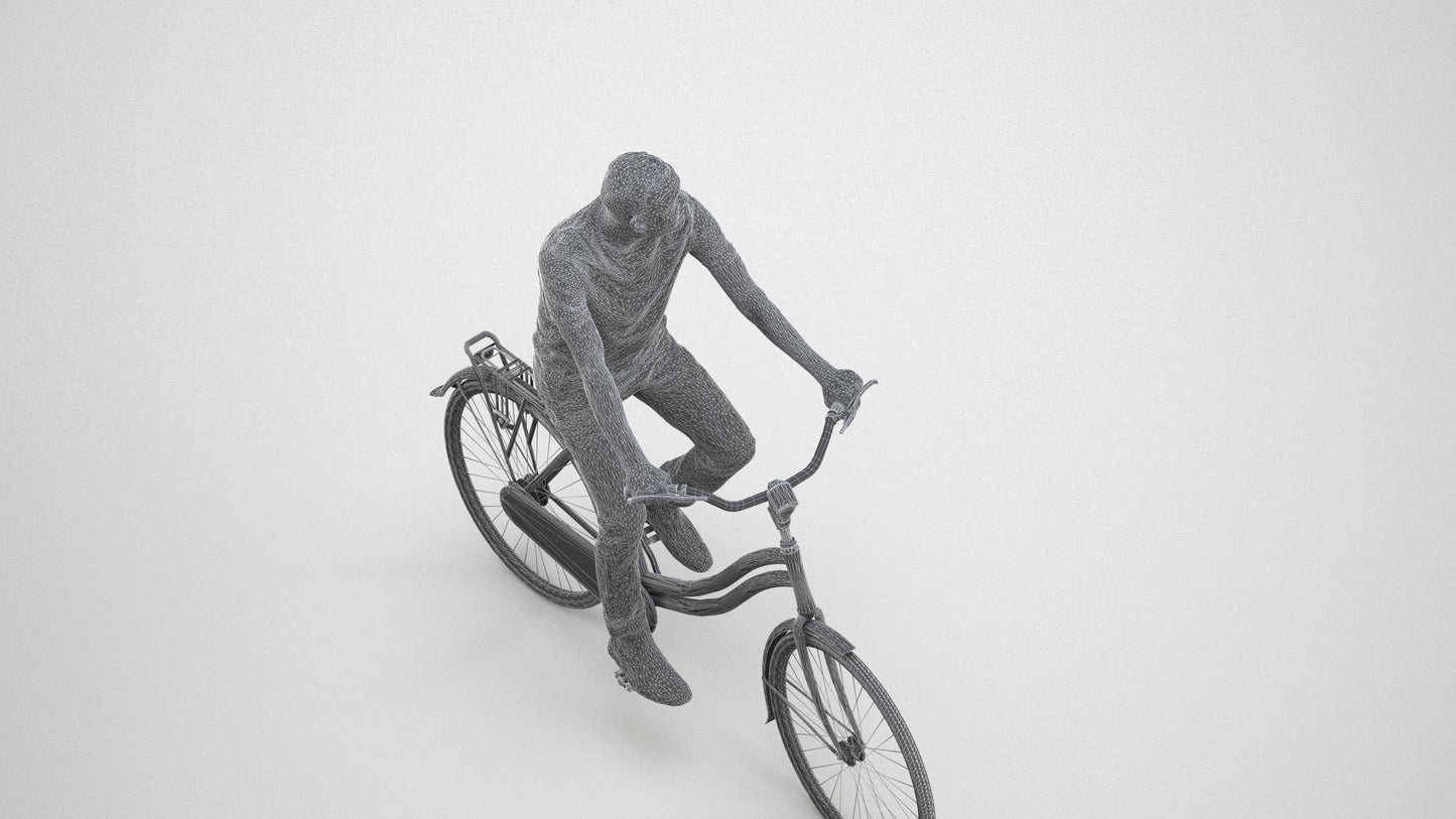 scanned 3D man casual cycling, photogrammetry people for Enscape and V-Ray, wireframe three-quarter view
