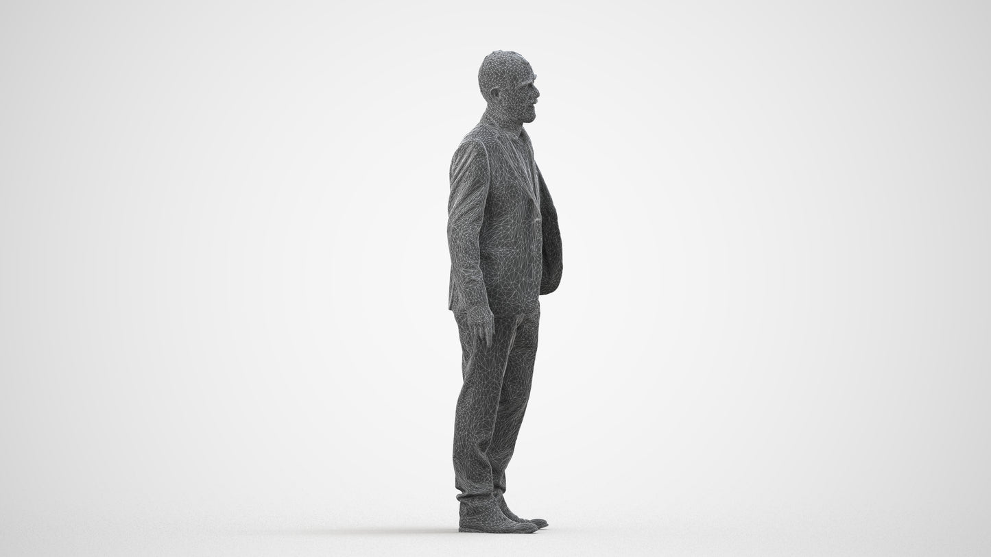 3D people model senior man business, scanned human for 3ds Max rendering, wireframe side view