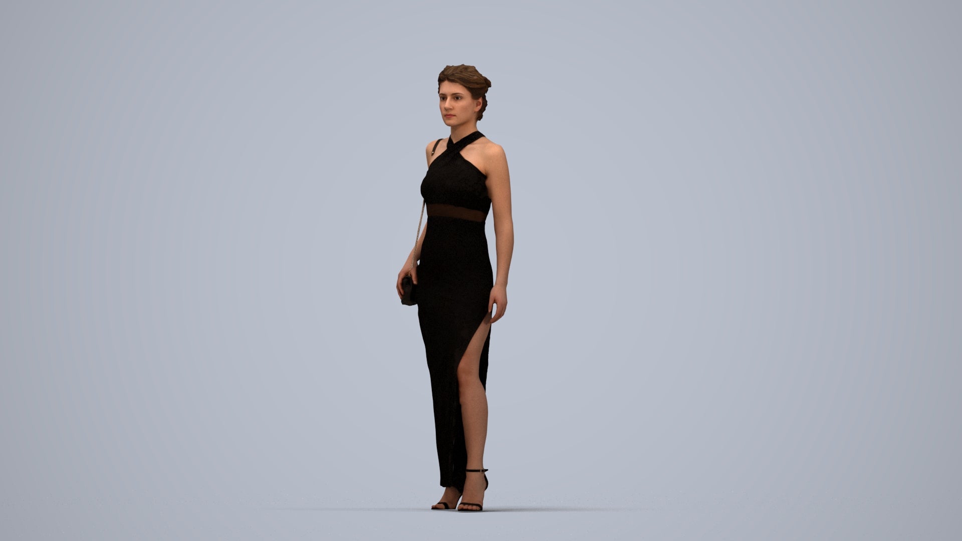 3D human model woman formal formalaffairs, photogrammetry scanned person for archviz, top-down view render