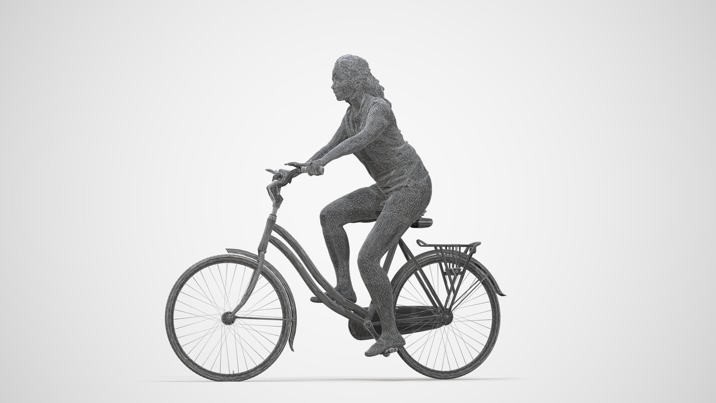 realistic 3D people woman casual cycling, render-ready for V-Ray and Corona, FBX OBJ, wireframe back view