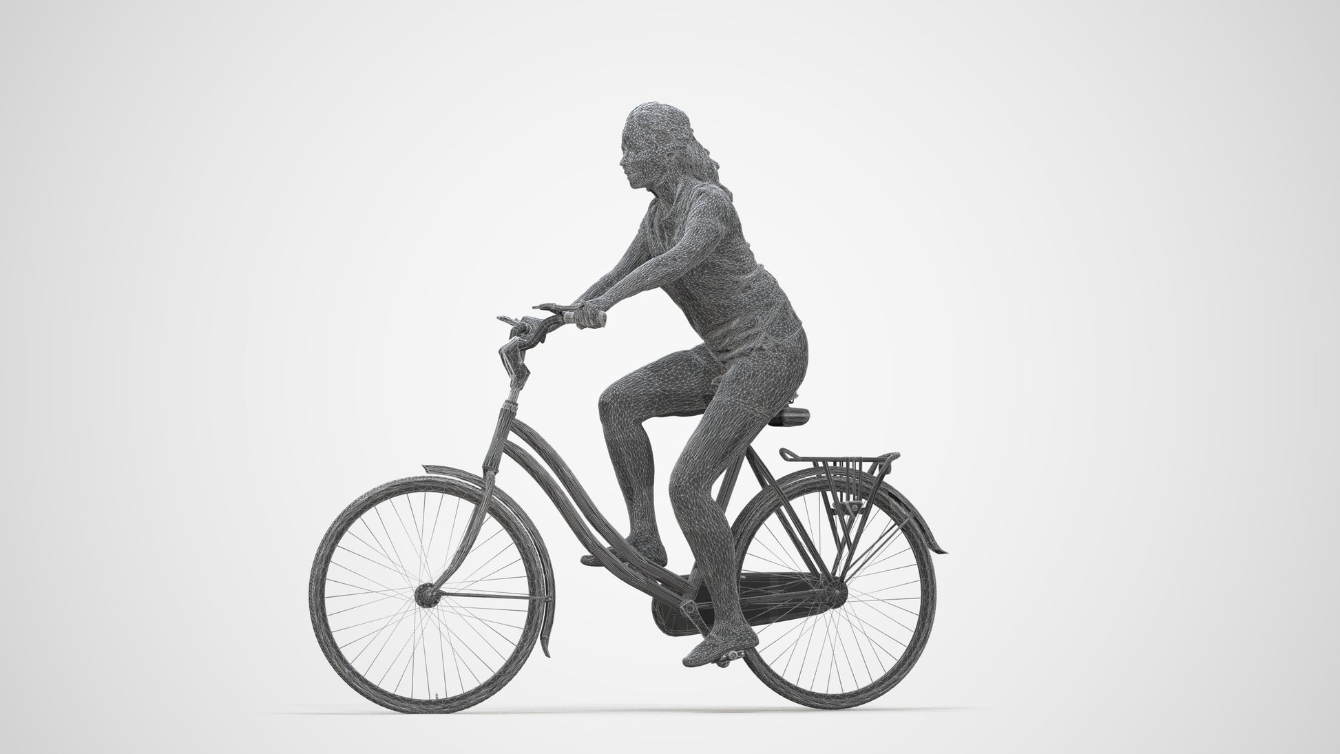 realistic 3D people woman casual cycling, render-ready for V-Ray and Corona, FBX OBJ, wireframe back view