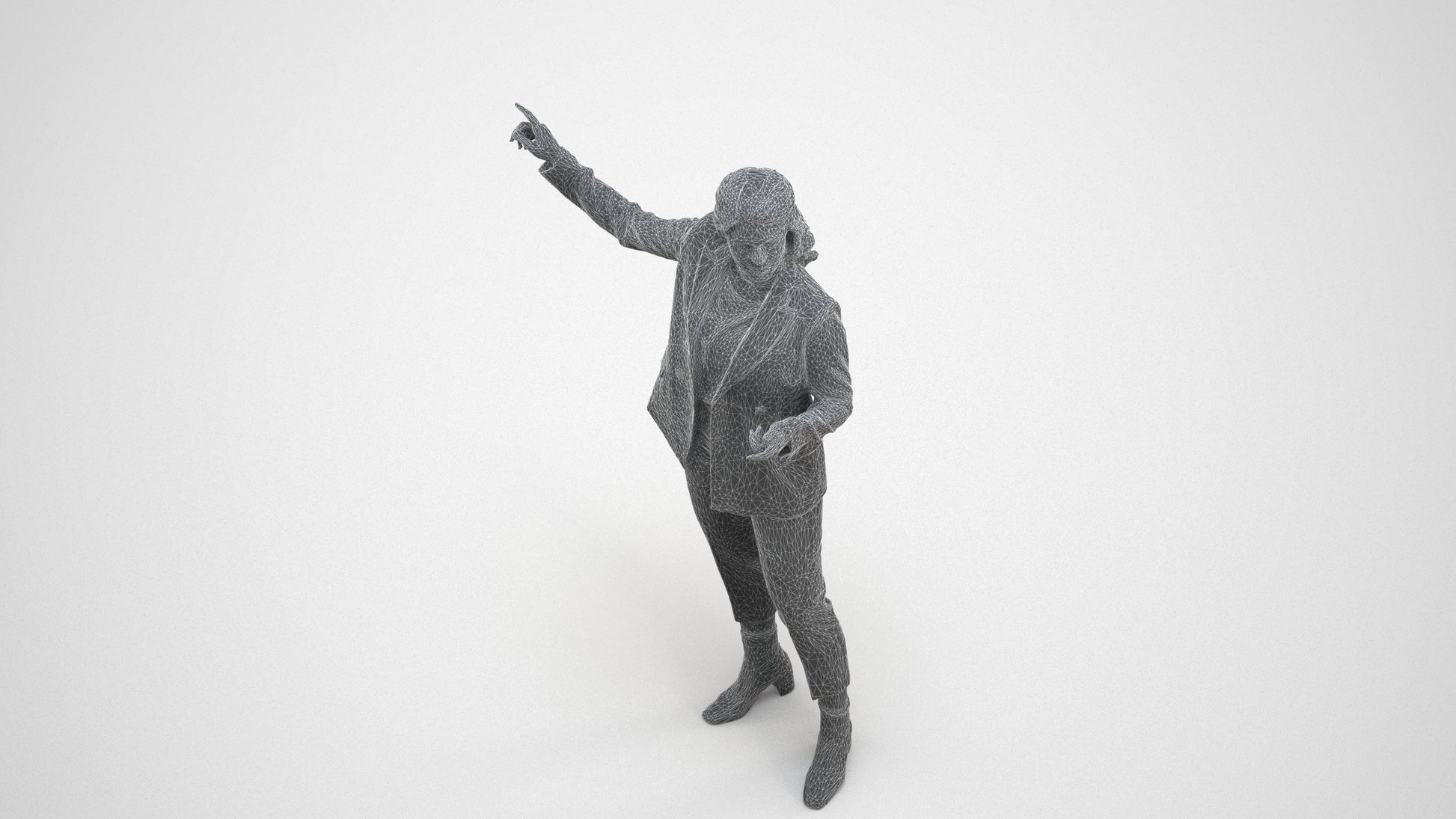 3D human model woman business, photogrammetry scanned person for archviz, wireframe three-quarter view