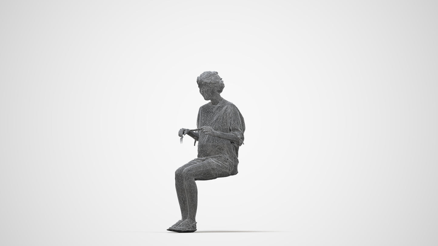 realistic 3D human woman casual sitting, archviz people FBX OBJ for Blender, wireframe back view
