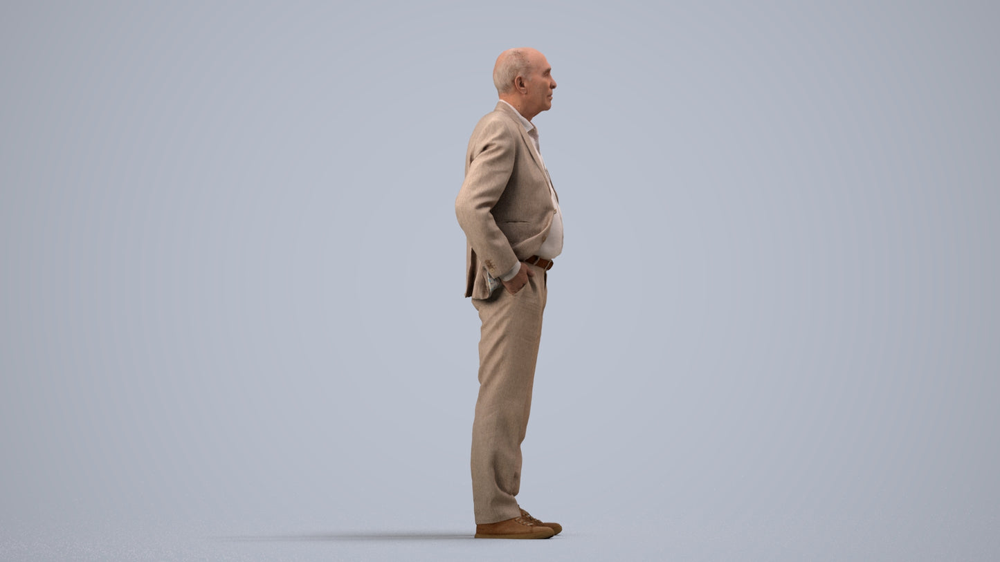 scanned 3D senior man business standing, photogrammetry people for Enscape and V-Ray, side view render