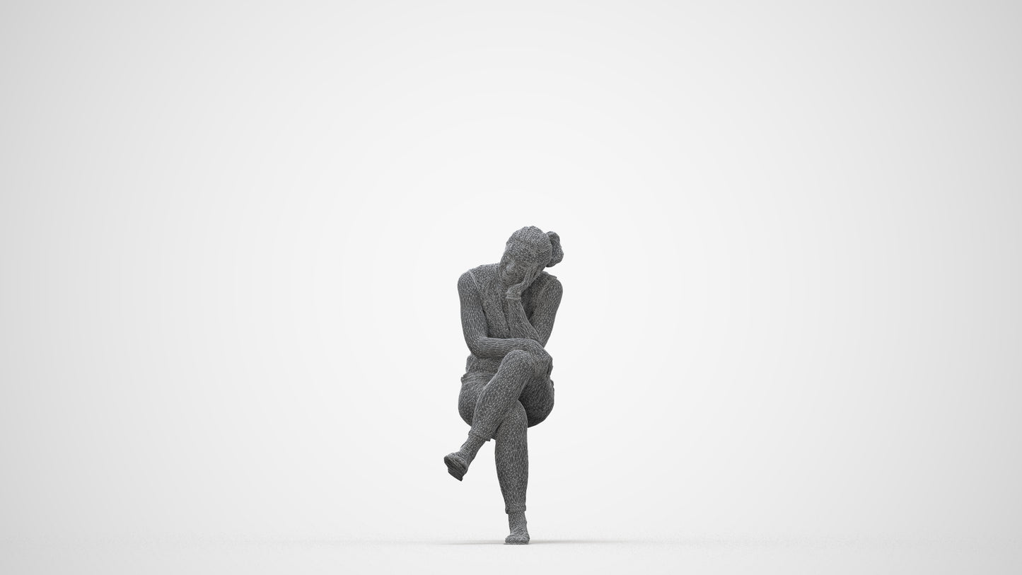 realistic 3D woman casual sitting, scanned archviz people for Blender and 3ds Max, wireframe back view