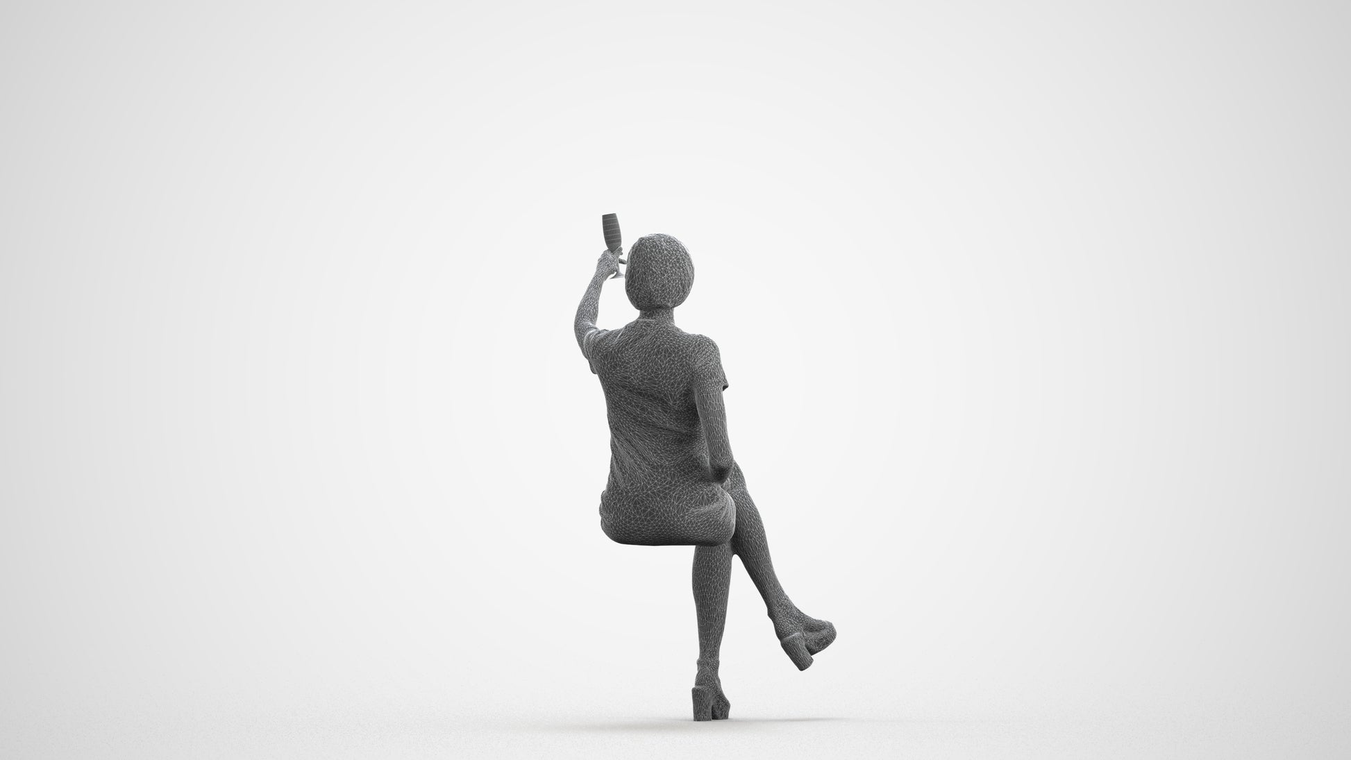 realistic 3D woman sitting, scanned archviz people for Blender and 3ds Max, wireframe front view
