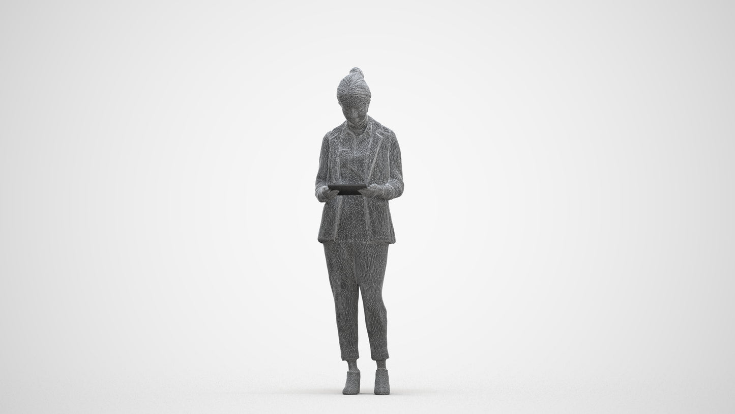 realistic 3D woman business standing, scanned archviz people for Blender and 3ds Max, three-quarter front view render