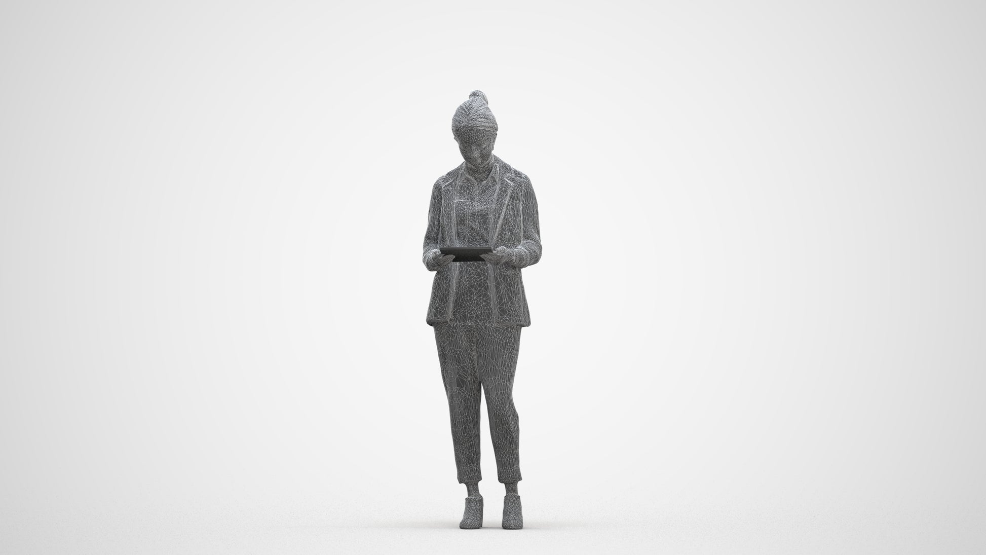 realistic 3D woman business standing, scanned archviz people for Blender and 3ds Max, three-quarter front view render