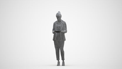 realistic 3D woman business standing, scanned archviz people for Blender and 3ds Max, three-quarter front view render