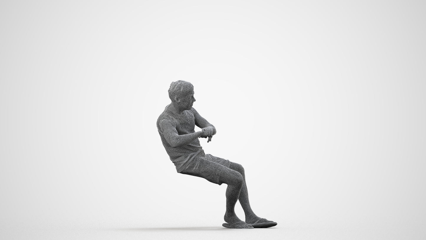 3D scanned man sitting casual, photorealistic archviz people for Enscape and SketchUp, wireframe side view