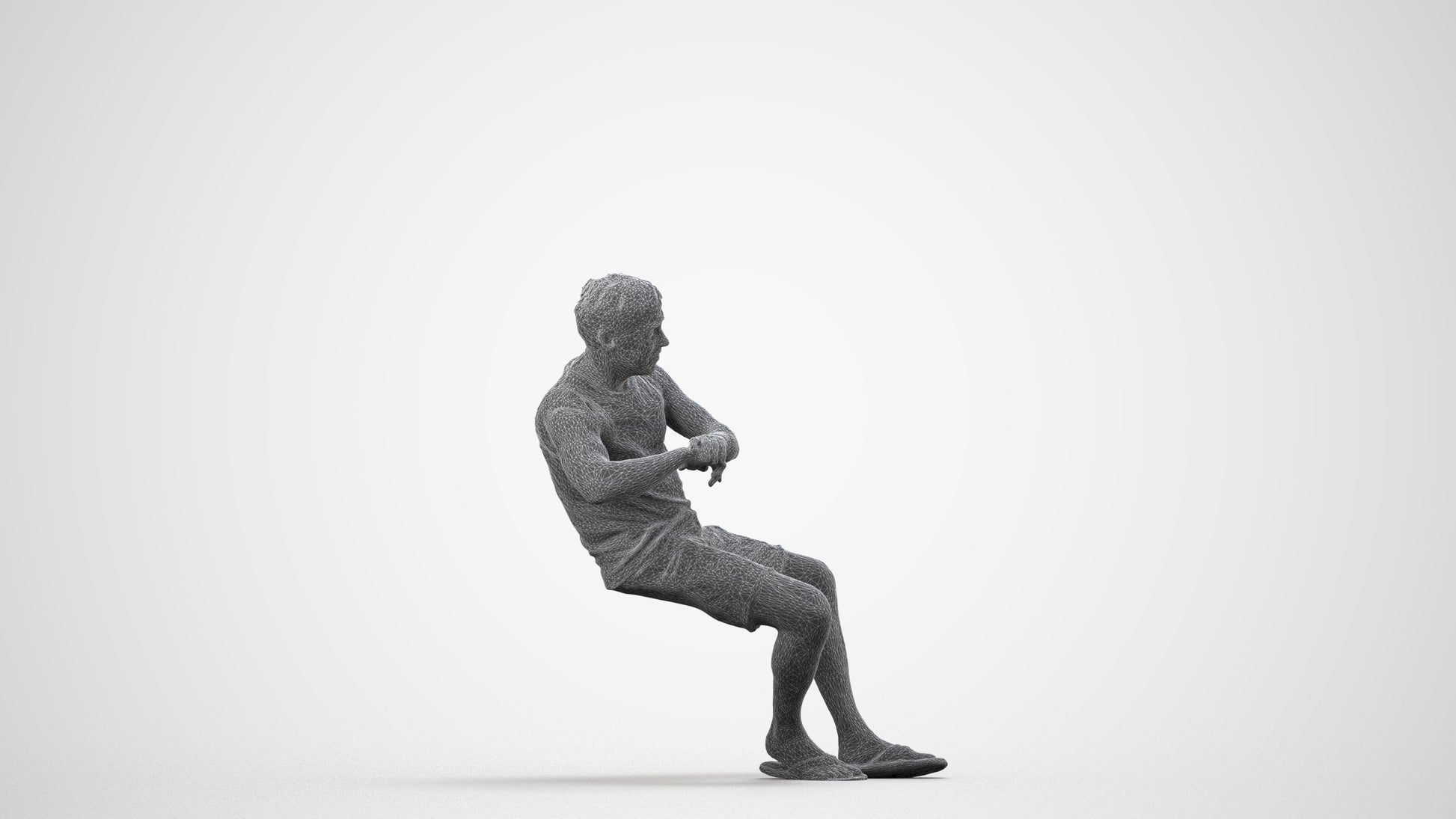 3D scanned man sitting casual, photorealistic archviz people for Enscape and SketchUp, wireframe side view