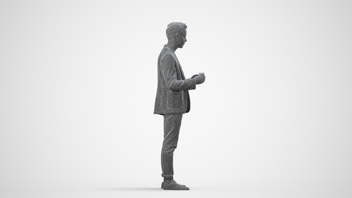 3D human model man business standing, photogrammetry scanned person for archviz, wireframe side view