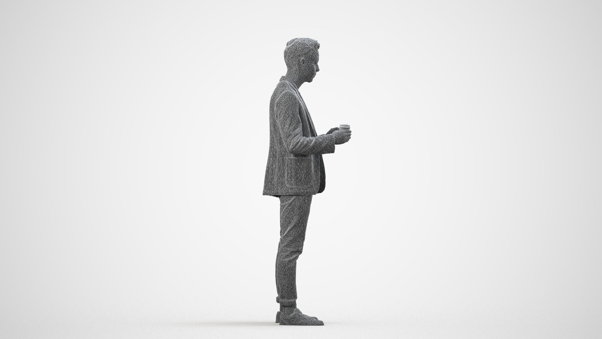 3D human model man business standing, photogrammetry scanned person for archviz, wireframe side view