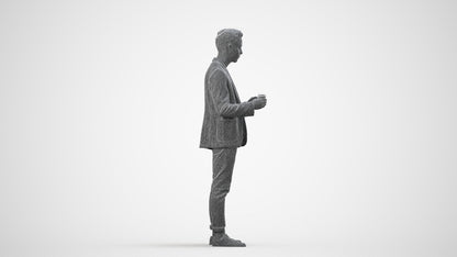 3D human model man business standing, photogrammetry scanned person for archviz, wireframe side view